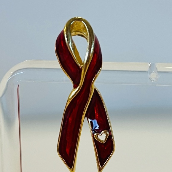 Red and Gold Enamel AIDS Awareness Ribbon Pin - Picture 2 of 7